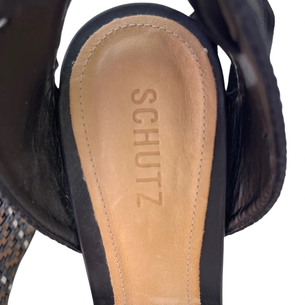 SCHUTZ Eymy Tresse Black and Bronze Wedge Platform Woven Detail Sz. 9.5